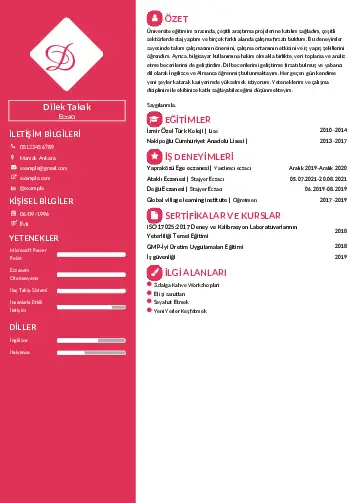 Eczacı CV Örnekleri cv indir